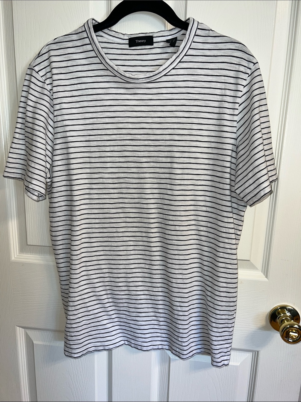 Theory Men’s White Short-Sleeve Crew with Thin Black Stripes
